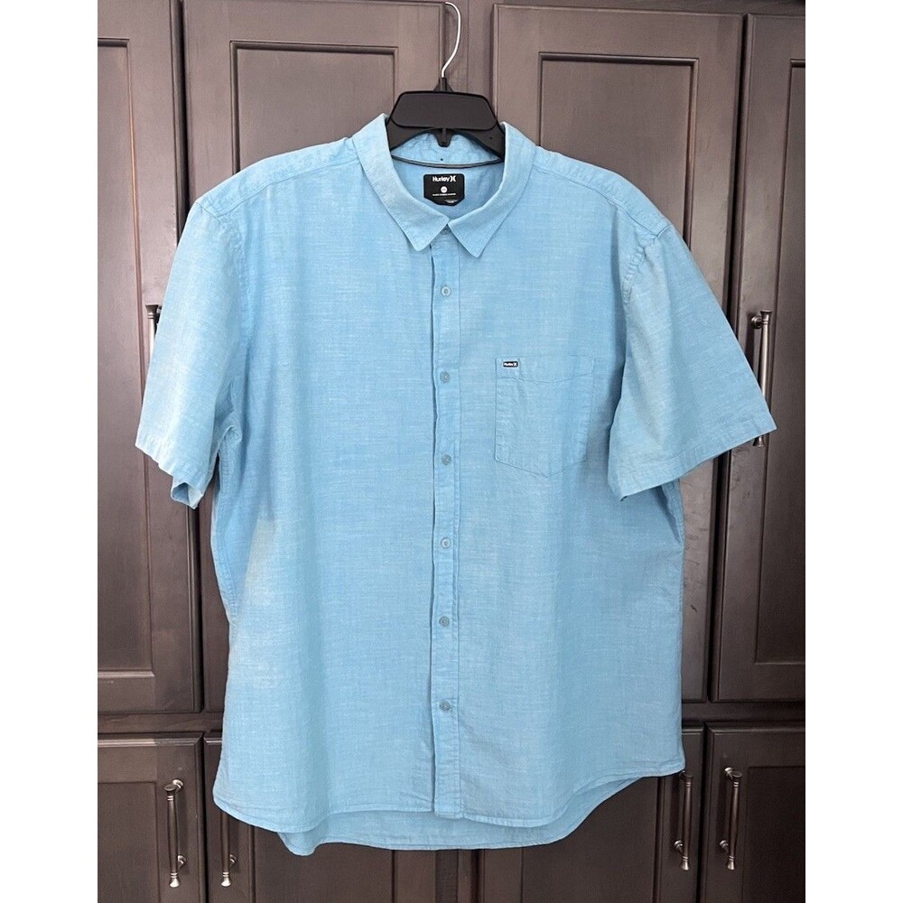 Hurley One And Only Men’s XXL Light Blue Cotton Button-Down Short Sleeve Shirt